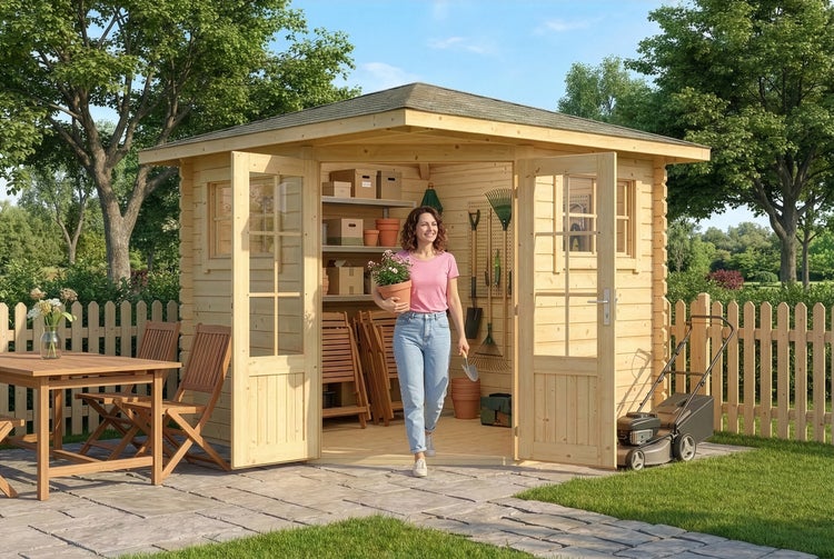 Frau mit Blumentopf verlässt ein helles Gartenhaus aus Holz mit Doppeltür, im Hintergrund Gartenmöbel und ein Rasenmäher.