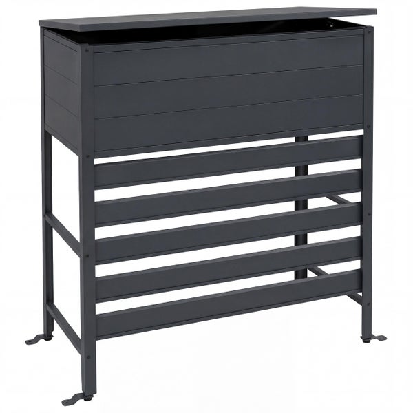 Weiße Klimageräte-Abdeckung aus Holz mit integriertem Pflanzkasten auf einer Holzterrasse.