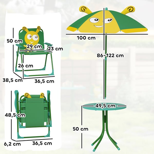 Kindersitzgruppe mit Tisch, Stuhl und Sonnenschirm mit Größenangaben