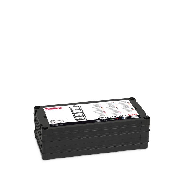 Schwarzes Kunststoffregal Universal Pro 63-5 von Toomax in der Originalverpackung mit fünf Regalböden.