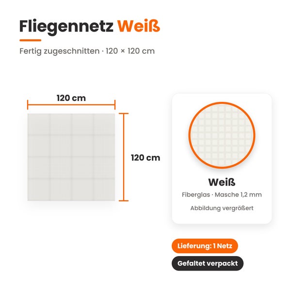 Fliegennetz aus Fiberglas, fertig zugeschnitten in 120 mal 120 Zentimeter, Maschenweite 1,2 Millimeter, gefaltet verpackt.