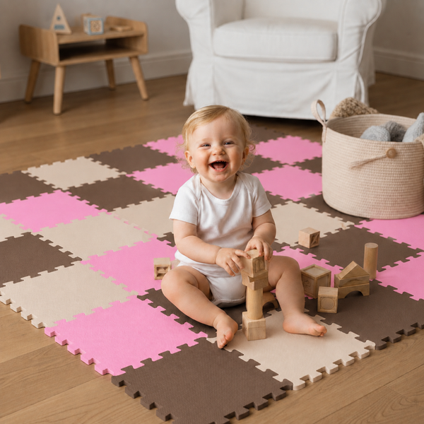 Ein lächelndes Baby spielt auf einer bunten Puzzlematte aus Schaumstoff mit Holzbauklötzen in einem hellen, freundlich eingerichteten Kinderzimmer.