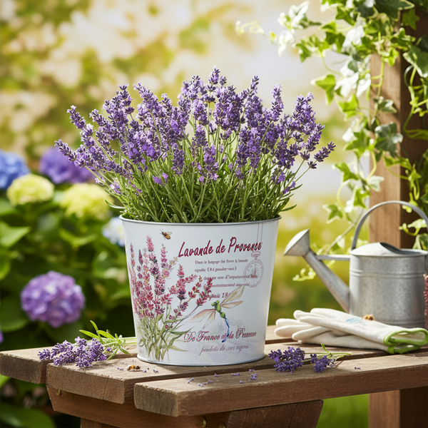 Blühender Lavendel in einem dekorativen weißen Metalltopf auf einem Holztisch im Garten mit Gießkanne und Handschuhen.