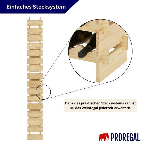 Detailansicht des flexiblen Stecksystems eines Weinregals aus Holz von Proregal mit Weinflaschen.