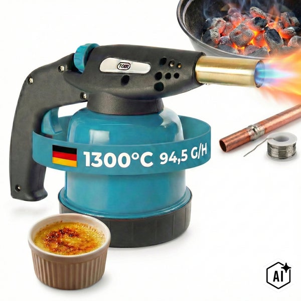 TOM Gasloetbrenner mit 1300 Grad Celsius Flamme zum Loeten von Kupferrohren und Karamellisieren von Speisen wie Creme Brulee