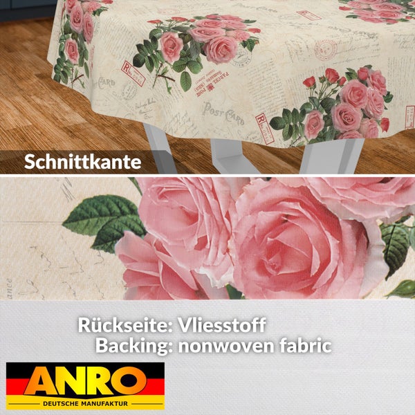 Abwaschbare Tischdecke mit Rosen- und Postkarten-Motiv, Rückseite aus Vliesstoff, Anro Deutsche Manufaktur Logo.