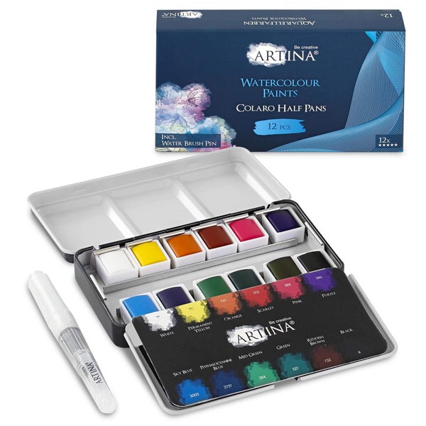 Artina Aquarellfarben Set mit 12 Näpfchen und Wassertankpinsel in Metallkasten