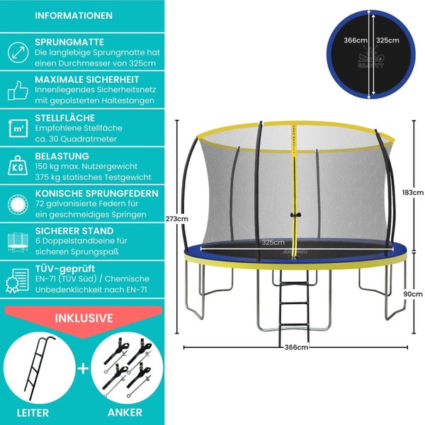 Informationen zu einem runden Gartentrampolin mit Sicherheitsnetz, Leiter und Erdankern sowie technischen Details