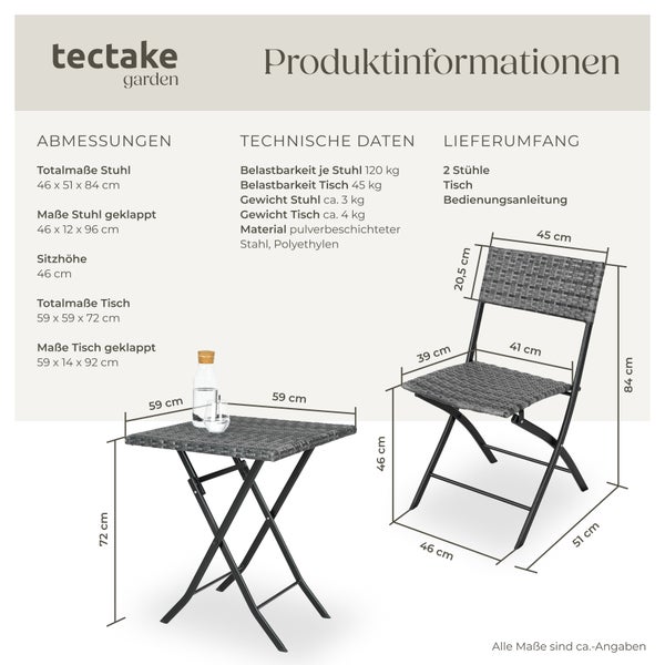 Rattanset tectake Trevi geringes Gewicht für 2 Personen grau
