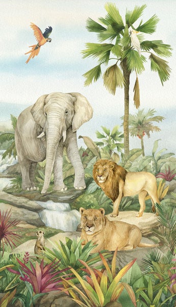Illustration eines Dschungels mit Elefant, Löwe, Erdmännchen, Papagei und Kakadu