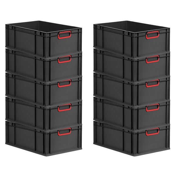 PROREGAL SparSet 10x Eurobox NextGen Color, HxBxT 22x40x60cm, 44 Liter, Griffe rot geschlossen, Verstärkter Boden, Schwarz, Eurobehälter, Transportbox, Transportbehälter, Stapelbehälter