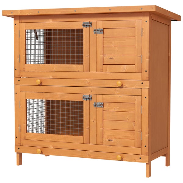 PawHut Kleintierstall Kleintierhaus mit Asphaltdach Zwergkaninchenstall doppelstöckig Meerschweinchenstall wetterbeständig Kleintierkäfig Tierstall für Outdoor Tannenholz 90 x 45 x 90 cm Gelb