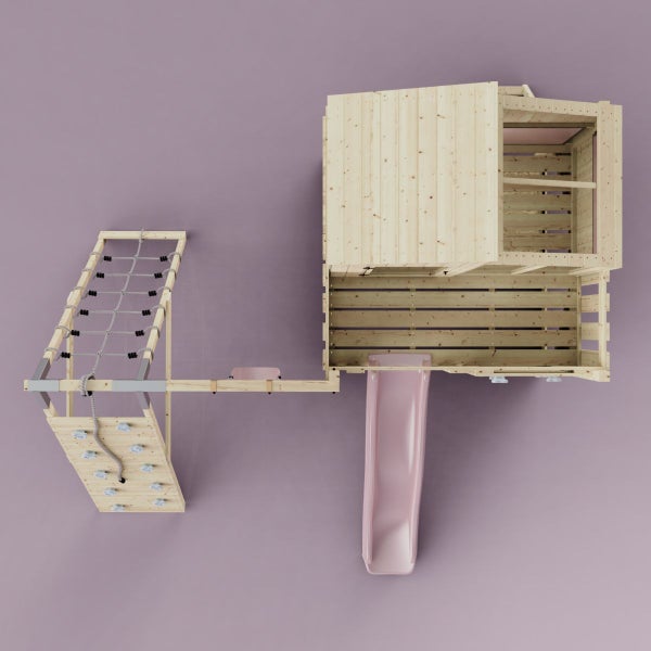 Spielturm mit Kletterwand, Netz und Rutsche aus Holz