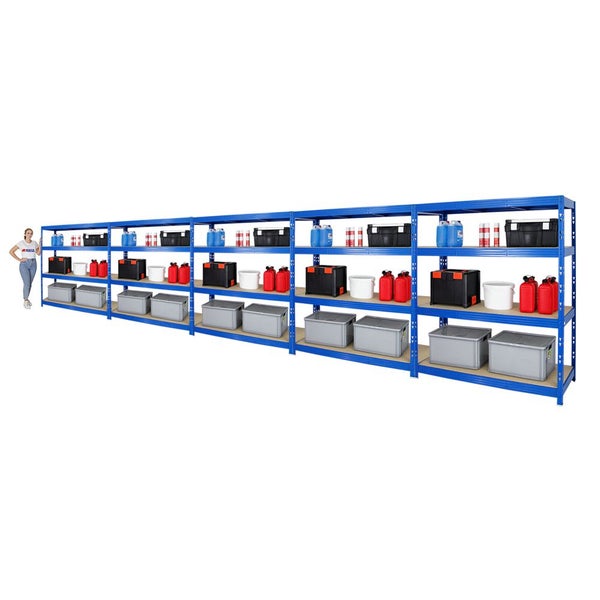 PROREGAL Mega Deal 5x Profi Schwerlastregal Rhino HxBxT 180 x 160 x 60 cm 4 Spanplatten-Ebenen 8mm Fachlast 500 kg Blau