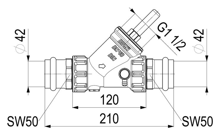 Technische Zeichnung eines Schrägsitzventils DN 40 mit Maßangaben: Gesamtlänge 210 Millimeter, Baulänge 120 Millimeter, Anschluss G 1 1/2.