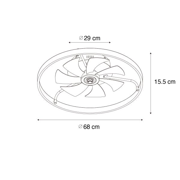 Maßzeichnung eines Deckenventilators mit einem Durchmesser von 68 Zentimetern, einer Höhe von 15,5 Zentimetern und 29 Zentimeter Gehäusedurchmesser.