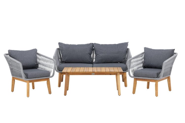 Gartenmöbel-Set bestehend aus einem Zweisitzer-Sofa, zwei Sesseln und einem Loungetisch mit Holzgestell, Seilgeflecht und grauen Polstern.