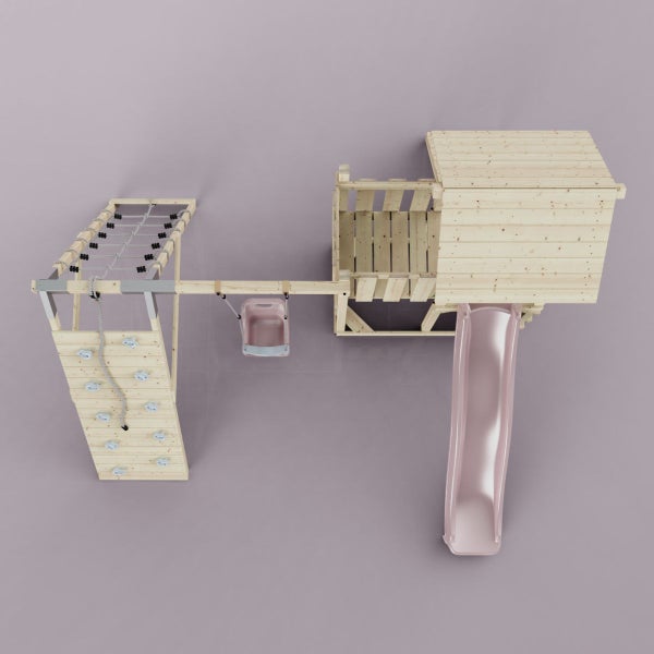 Spielturm mit Kletterwand, Schaukel und Rutsche