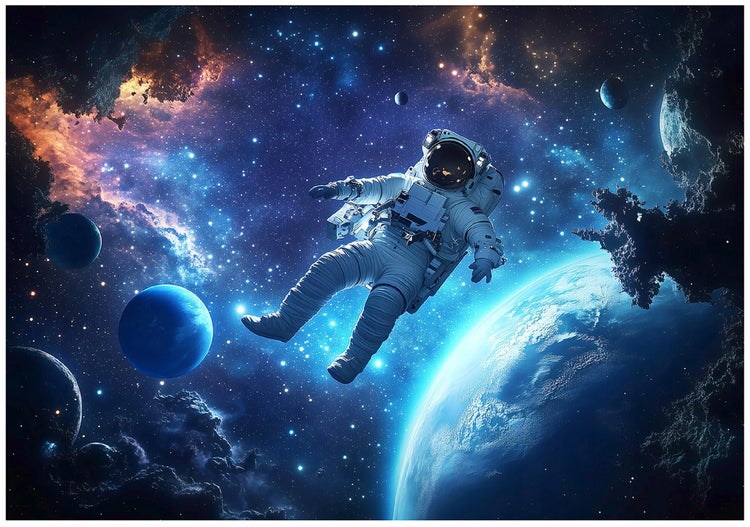 Darstellung eines Astronauten im Weltraum mit Planeten und Sternen