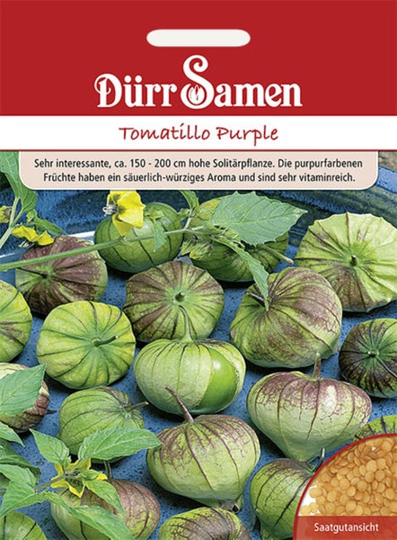 Samentüte für Tomatillo Purple mit Dürr Samen Logo, Abbildung der Früchte und Detailansicht der Samen.