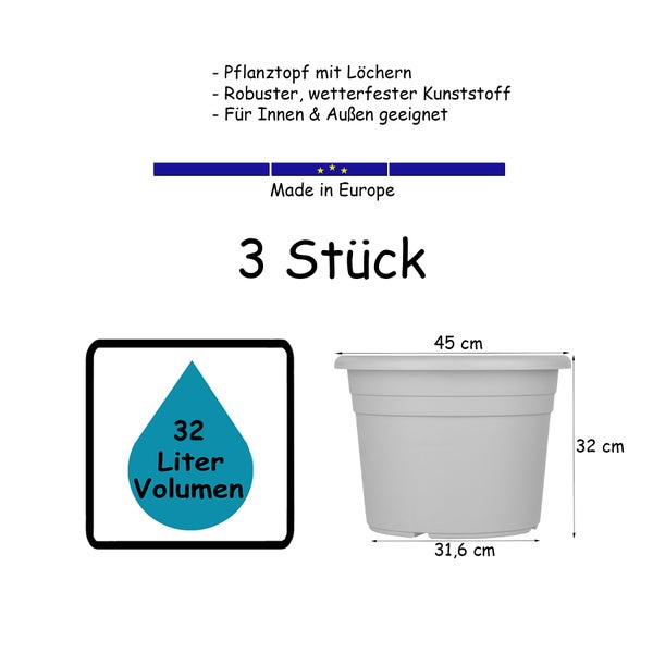 3x Blumentopf Ø 45 cm Farbe Anthrazit Kunststoff Pflanztopf Containertopf Übertopf Pflanzkübel rund 45 x 32 cm
