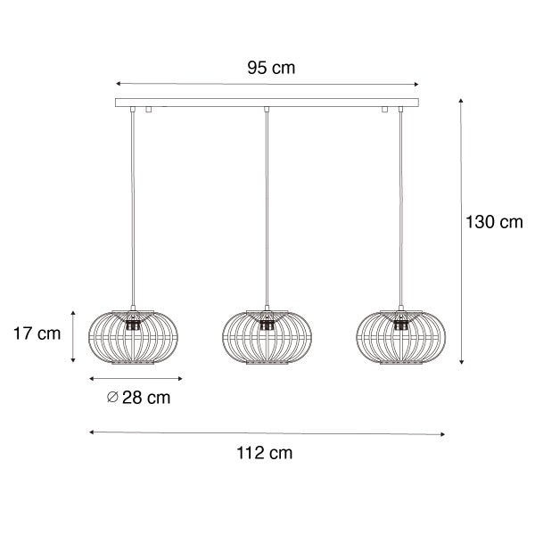 Technische Zeichnung einer Pendelleuchte mit drei Lampenschirmen und Maßangaben