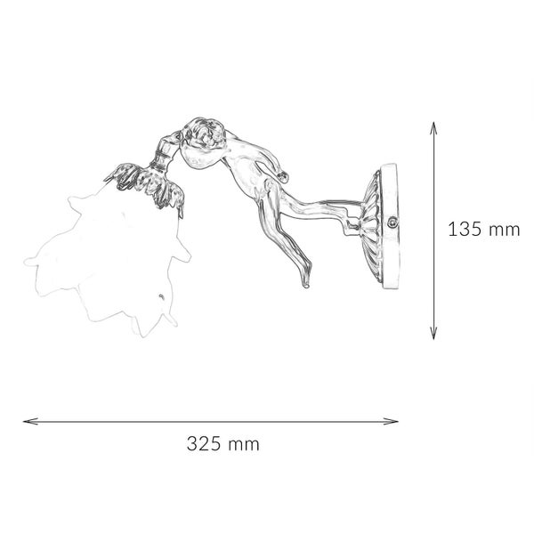 Wandleuchte mit Engel-Design und Abmessungen 325 mm mal 135 mm.