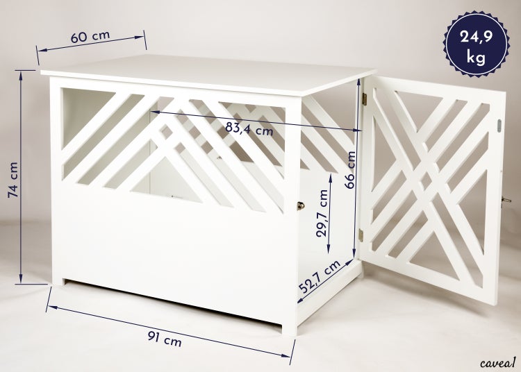 WONDERMAKE® Design Hundekäfig aus Holz für Zuhause Wohnung mit Beistelltisch, Hundebox fürs Wohnzimmer Indoor, 90x60 cm weiß