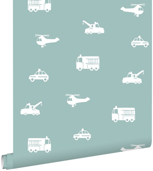 ESTAhome Tapete Autos, Löschfahrzeuge, Hubschrauber und Kräne Graublau - 53 cm x 10.05 m - 128864