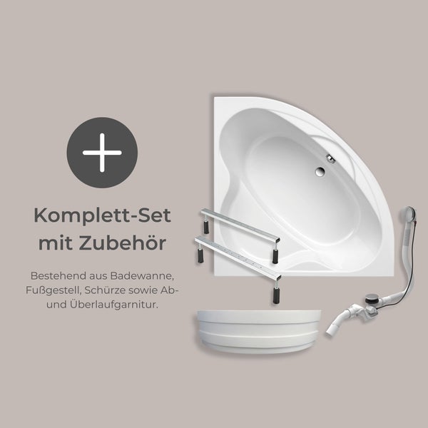 Komplettset mit Eckbadewanne, Wannenschürze, Ablaufgarnitur und Füßen