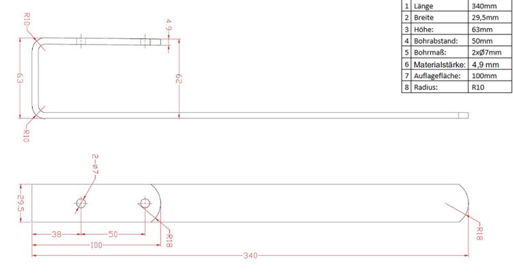 Technische Zeichnung eines U-förmigen Bügels mit Maßangaben