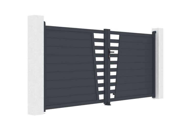 Anthrazitfarbenes Doppelflügeltor aus Aluminium mit horizontalen Paneelen und dekorativem Mittelteil zwischen zwei Pfosten.