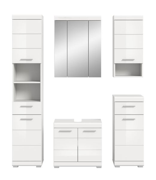 Fünfteiliges Badezimmermöbel-Set in Weiß bestehend aus Hochschrank, Spiegelschrank, Waschbeckenunterschrank und zwei Seitenschränken.
