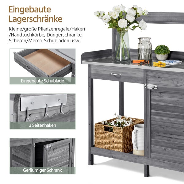 Gartentisch mit Schublade, Haken und Stauraum für Gartengeräte und Zubehör.