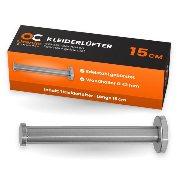 Kleiderlüfter aus gebürstetem Edelstahl mit einer Länge von 15 Zentimetern und einem Wandhalterdurchmesser von 42 Millimetern in der Verpackung.