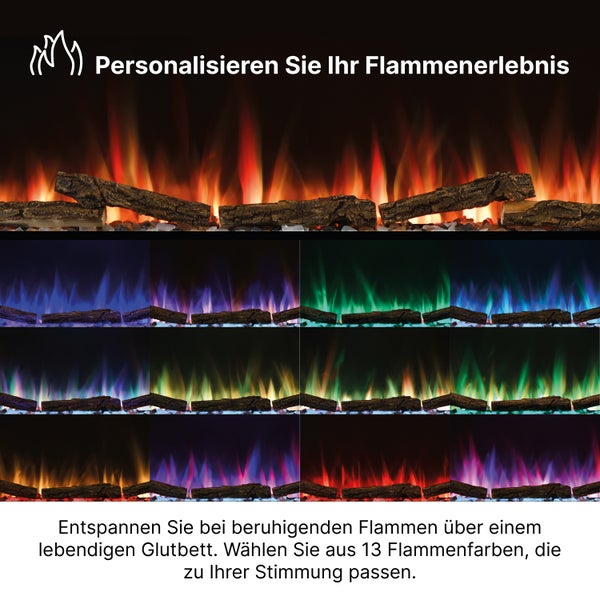 Elektrischer Kamin mit Auswahl aus 13 verschiedenen Flammenfarben über einem realistischen Glutbett mit Holzscheiten.