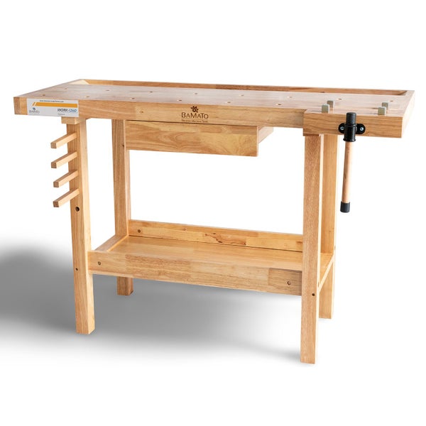 Werkbank aus Holz mit Schraubstock, Schublade und Ablage