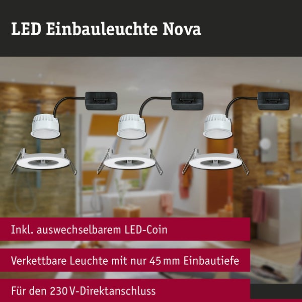 LED Einbauleuchte Nova Set mit auswechselbaren LED Coins, 45 Millimeter Einbautiefe für 230 Volt Direktanschluss.