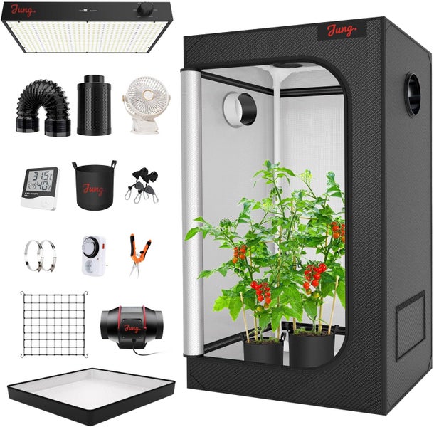 JUNG GrowUP2 Growbox Komplettset Anbau Set mit 300W LED Vollspektrum Grow Lampe Dimmbar, 120x120x200 cm, mit Ventilator, Abluft Aktivkohlefilter, Growzelt Anzucht Gewächshaus, Grow Tent Complete Set