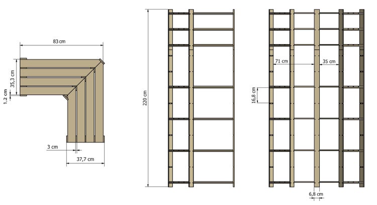 PROREGAL Eckregal Pinepeak HxBxT 220 x 85 x 38 cm 7 Fachboden 1,2 cm Dickes Kiefernholz Grau