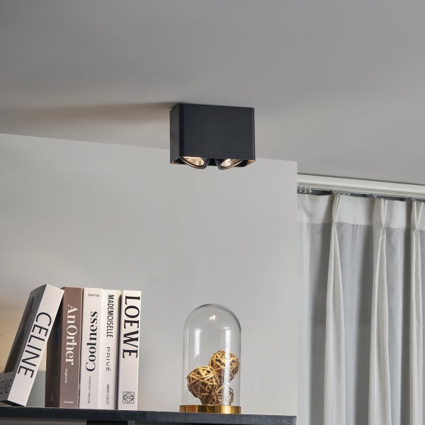 Schwarze Deckenleuchte mit zwei Strahlern an der Decke