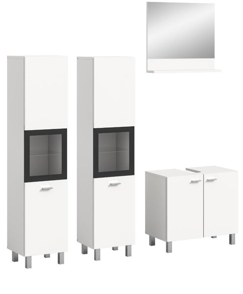 Modernes Badezimmermöbel-Set bestehend aus zwei Hochschränken mit Glaseinsatz, einem Waschbeckenunterschrank und einem Spiegel mit Ablage.