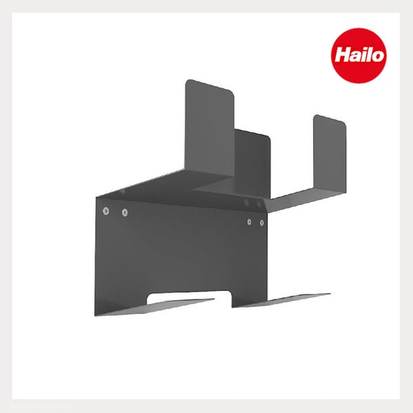 Hailo Wandhalterung aus dunkelgrauem Metall für Mülltrennsysteme. Hailo Logo.
