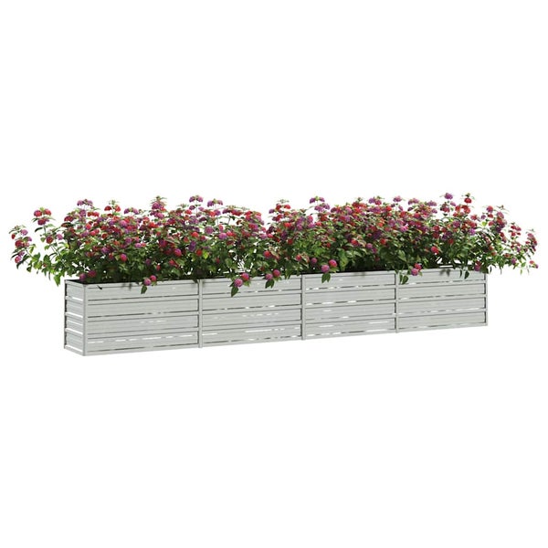 Langer rechteckiger Pflanzkasten aus Holz mit Blumenbepflanzung für den Garten.
