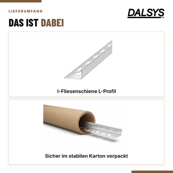 Lieferumfang Dalsys Fliesenschiene L-Profil in stabiler Kartonverpackung.