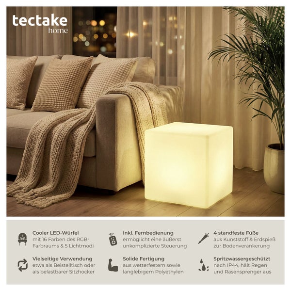 Tectake home Logo. Beleuchteter LED-Würfel aus Kunststoff neben einem Sofa, nutzbar als Beistelltisch oder Sitzhocker, inklusive Fernbedienung.