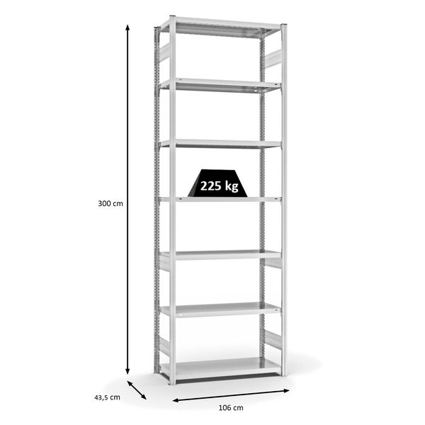 PROREGAL Fachbodenregal Stecksystem T-Profil Medium-Duty Grundregal HxBxT 300 x 100 x 40 cm 7 Ebenen Fachlast 225 kg Beidseitig Nutzbar Lichtgrau