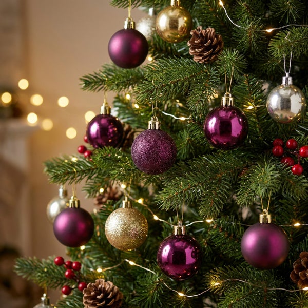 Geschmückter Weihnachtsbaum mit glänzenden und matten Kugeln in Beere, Gold und Silber sowie Tannenzapfen und einer Lichterkette