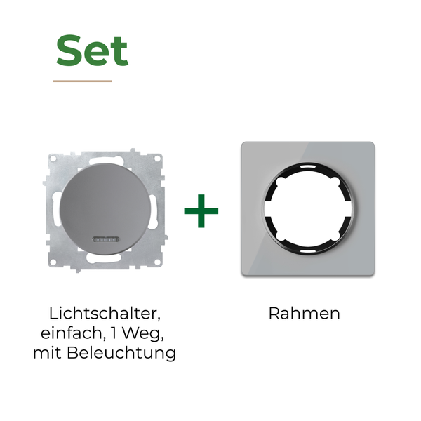 Set bestehend aus Lichtschalter, einfach, 1 Weg mit Beleuchtung und Rahmen für die Unterputzmontage