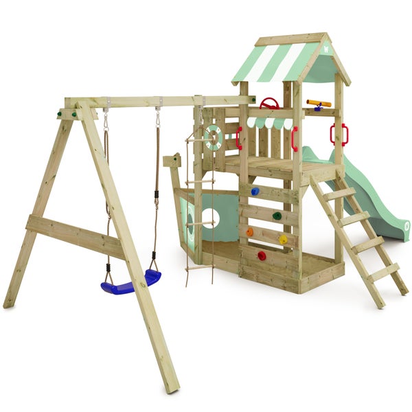 WICKEY Spielturm Klettergerüst SeaFlyer mit Schaukel und Rutsche, Baumhaus mit Sandkasten, Kletterleiter und Spiel-Zubehör – pastellgrün